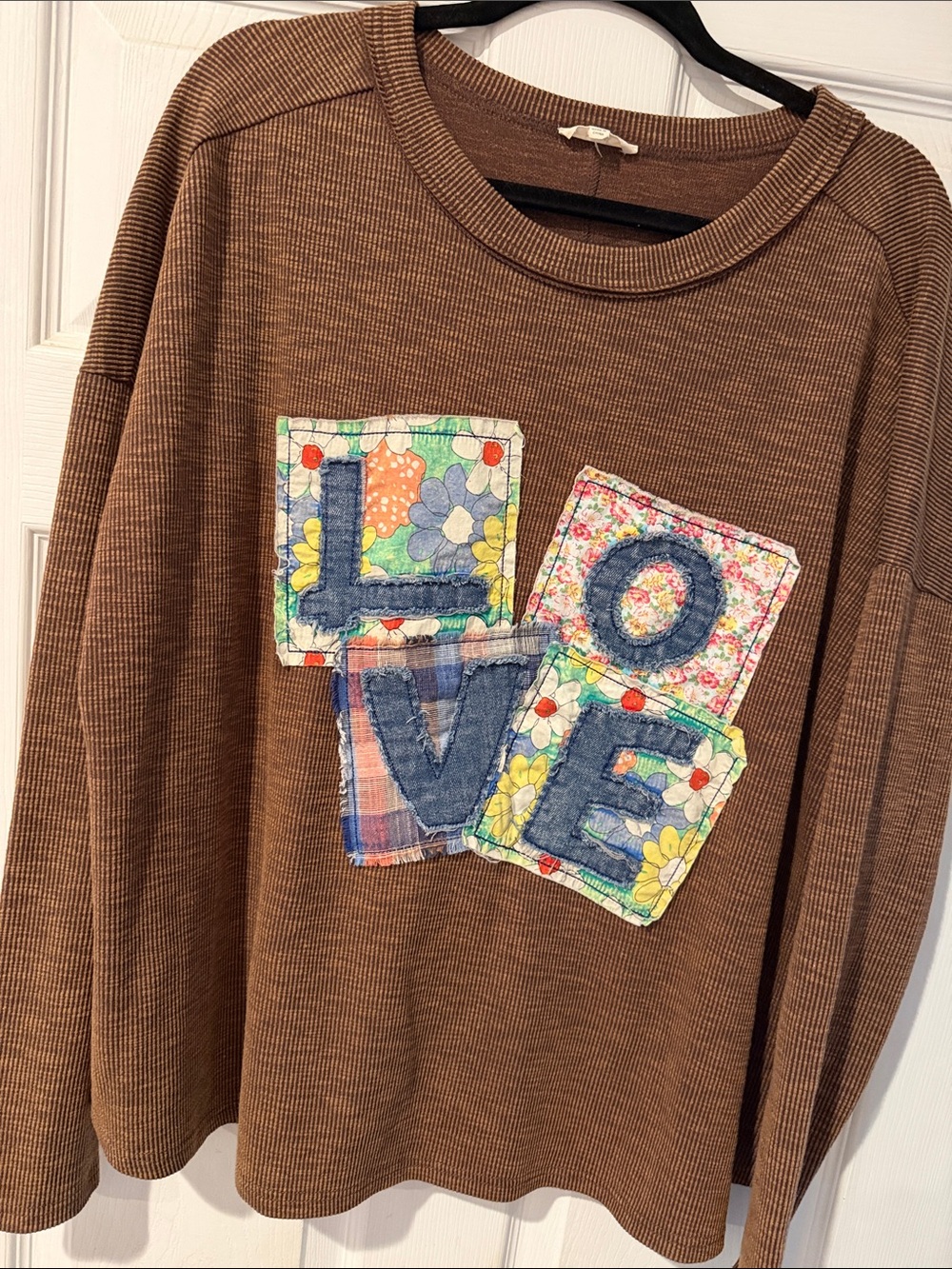easel Brown Long-Sleeve Sweatshirt with Colorful 'LOVE' Patch